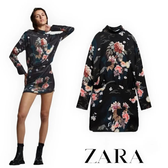 ZARA | Black | PRINTED MINI DRESS - Picture 1 of 9